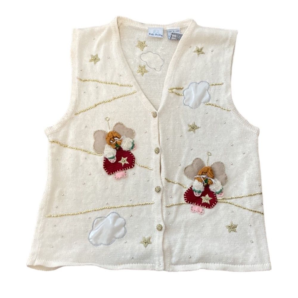 Bobbie Brooks Vintage Cream Angel Cloud Sweater Vest Large